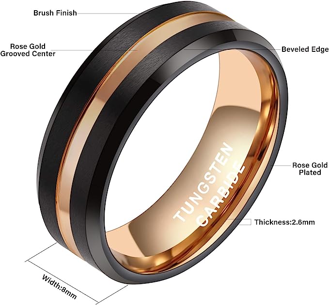 8mm Genuine Tungsten Carbide Black Brushed  8mm, Rose Gold Line Center-Band Width 8mm Ring Comfort fit