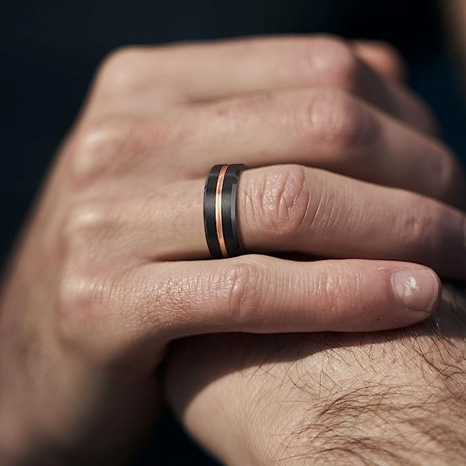 8mm Genuine Tungsten Carbide "I Love You" Engraved Inside RING" Black Brushed  8mm, Rose Gold Line Center-Band Width 8mm Ring Comfort fit