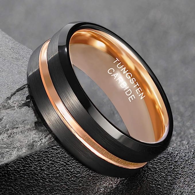 8mm Genuine Tungsten Carbide Black Brushed  8mm, Rose Gold Line Center-Band Width 8mm Ring Comfort fit