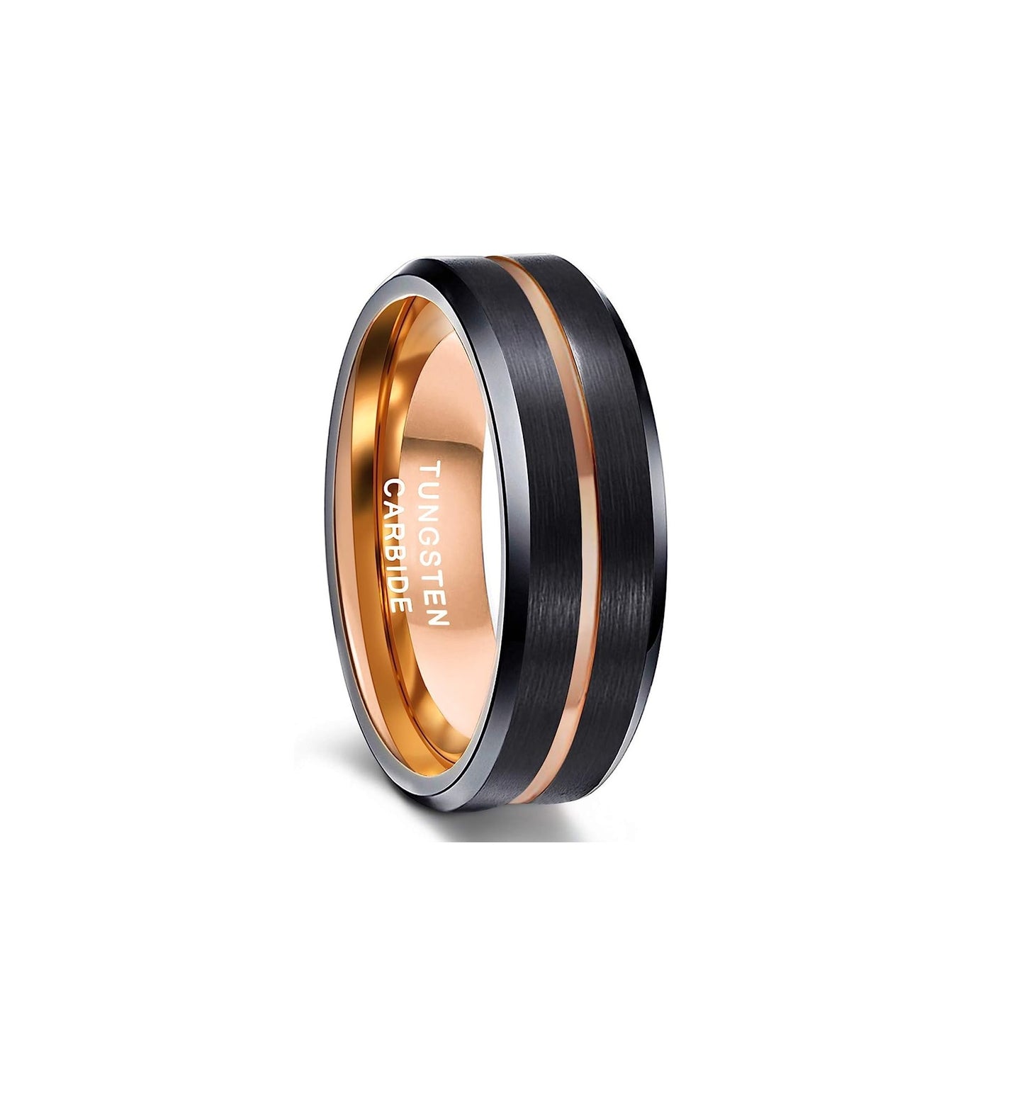 8mm Genuine Tungsten Carbide Black Brushed  8mm, Rose Gold Line Center-Band Width 8mm Ring Comfort fit