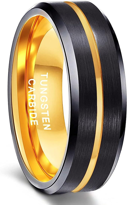 8mm Genuine Tungsten Carbide Black Brushed  8mm, Gold Line Center-Band Width 8mm Ring Comfort fit