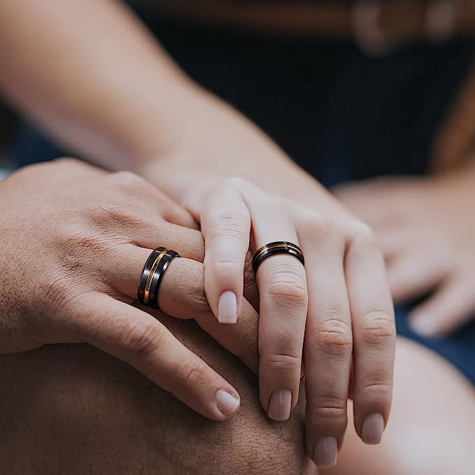 8mm Genuine Tungsten Carbide "I Love You" Engraved Inside RING" Black Brushed  8mm, Gold Line Center-Band Width 8mm Ring Comfort fit