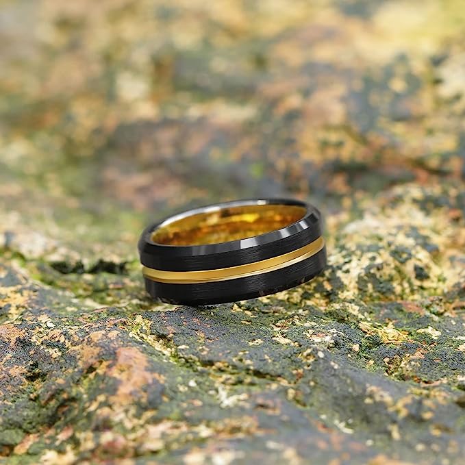 8mm Genuine Tungsten Carbide "I Love You" Engraved Inside RING" Black Brushed  8mm, Gold Line Center-Band Width 8mm Ring Comfort fit