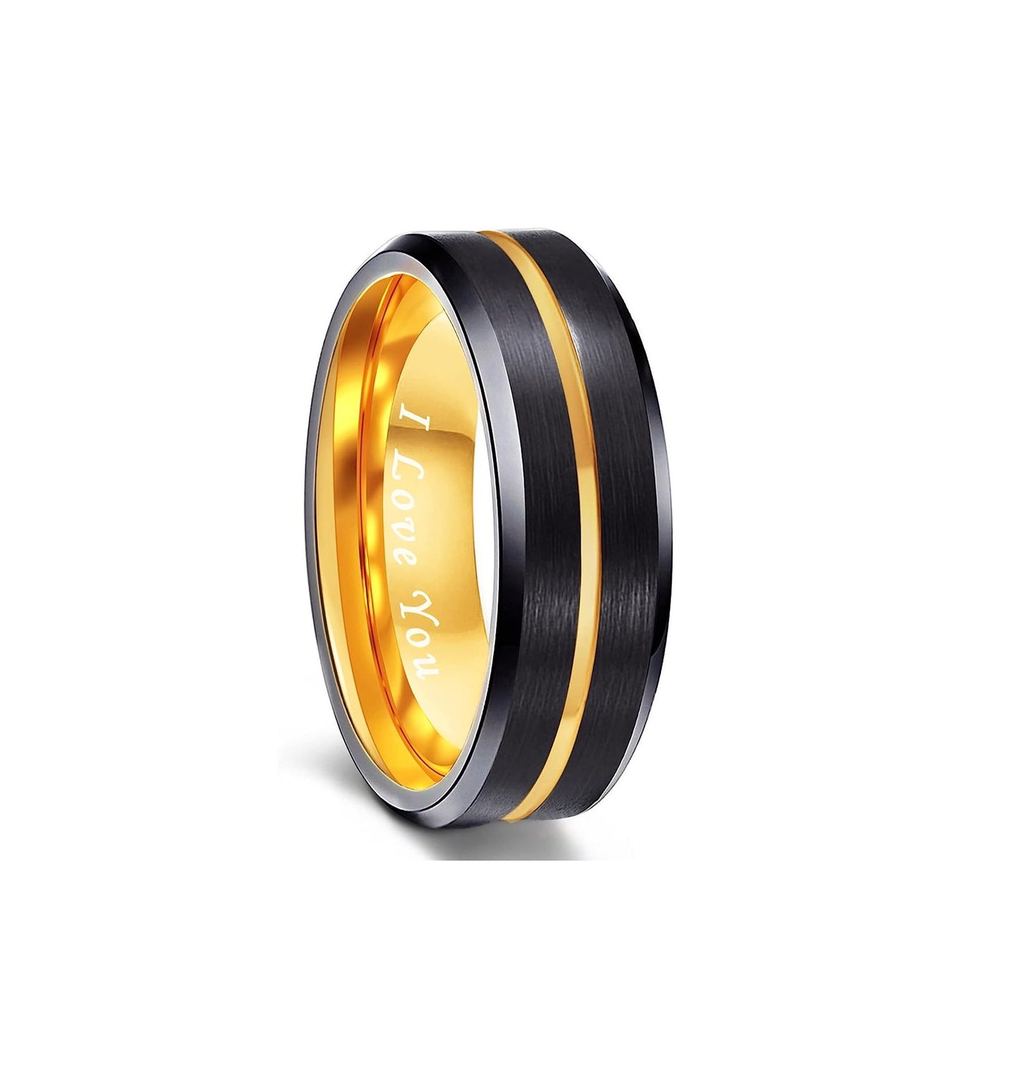 8mm Genuine Tungsten Carbide "I Love You" Engraved Inside RING" Black Brushed  8mm, Gold Line Center-Band Width 8mm Ring Comfort fit