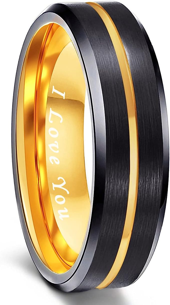 6mm Genuine Tungsten Carbide "I Love You" Engraved Inside RING" Black Brushed  6mm, Gold Line Center-Band Width 6mm Ring Comfort fit