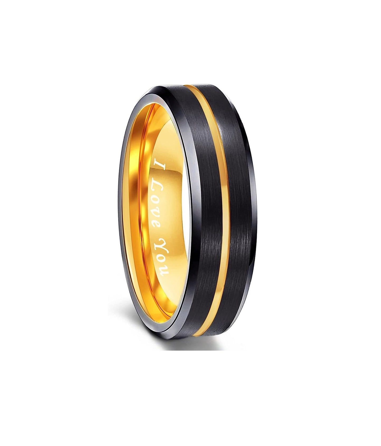 6mm Genuine Tungsten Carbide "I Love You" Engraved Inside RING" Black Brushed  6mm, Gold Line Center-Band Width 6mm Ring Comfort fit