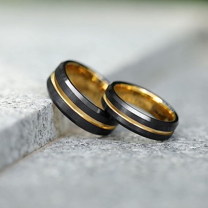 6mm Genuine Tungsten Carbide -Black Brushed  6mm, Gold Line Center-Band Width 6mm Ring Comfort fit