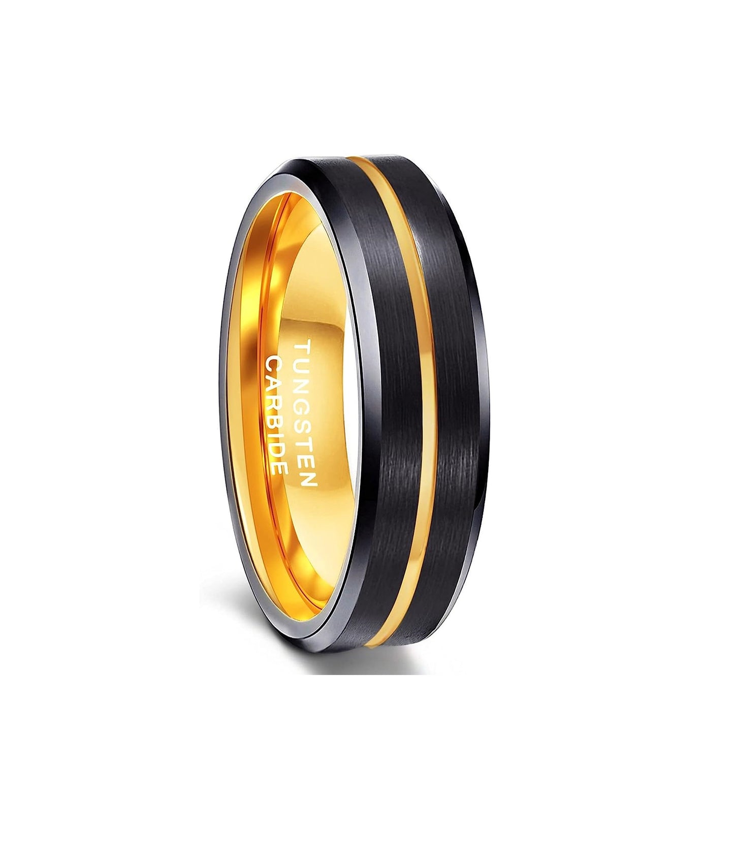 6mm Genuine Tungsten Carbide -Black Brushed  6mm, Gold Line Center-Band Width 6mm Ring Comfort fit