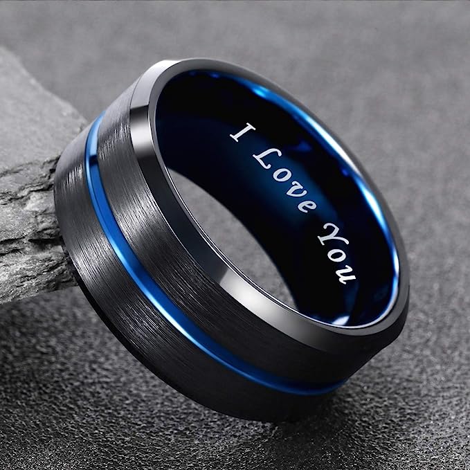 10mm Genuine Tungsten Carbide -"I Love You" Engraved Inside RING"  Black Brushed Blue Line Center-Band Width 10mm Ring Comfort fit