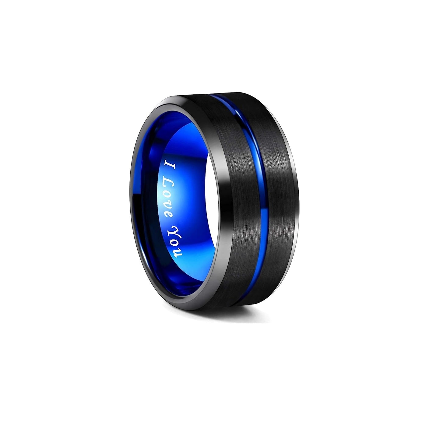 10mm Genuine Tungsten Carbide -"I Love You" Engraved Inside RING"  Black Brushed Blue Line Center-Band Width 10mm Ring Comfort fit