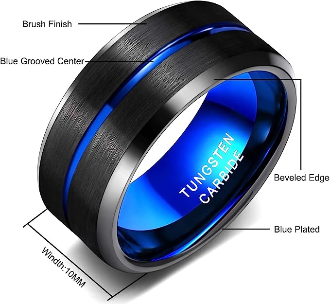 10mm Genuine Tungsten Carbide -"I Love You" Engraved Inside RING"  Black Brushed Blue Line Center-Band Width 10mm Ring Comfort fit