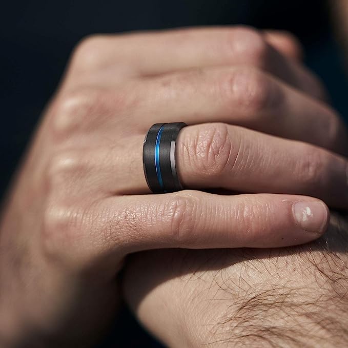 10mm Genuine Tungsten Carbide -"I Love You" Engraved Inside RING"  Black Brushed Blue Line Center-Band Width 10mm Ring Comfort fit