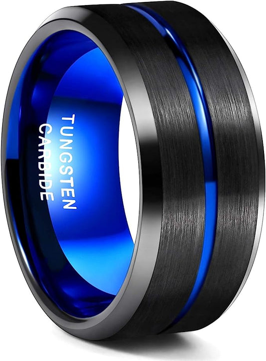 10mm Genuine Tungsten Carbide - Black Brushed Blue Line Center-Band Width 10mm Ring Comfort fit