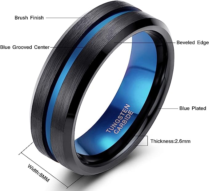 8mm Genuine Tungsten Carbide - Black Brushed Blue Line Center-Band Width 8mm Ring Comfort fit