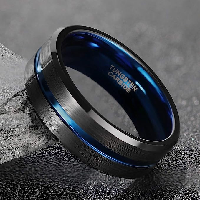 10mm Genuine Tungsten Carbide -"I Love You" Engraved Inside RING"  Black Brushed Blue Line Center-Band Width 10mm Ring Comfort fit