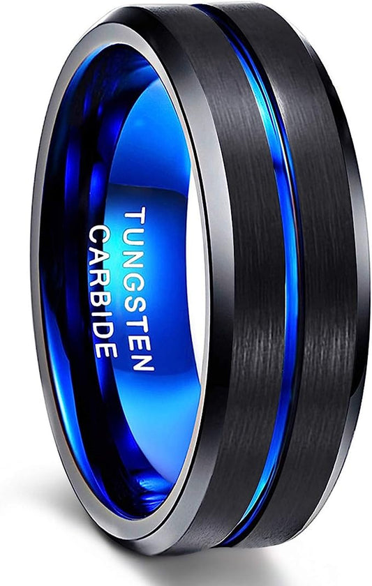 8mm Genuine Tungsten Carbide - Black Brushed Blue Line Center-Band Width 8mm Ring Comfort fit