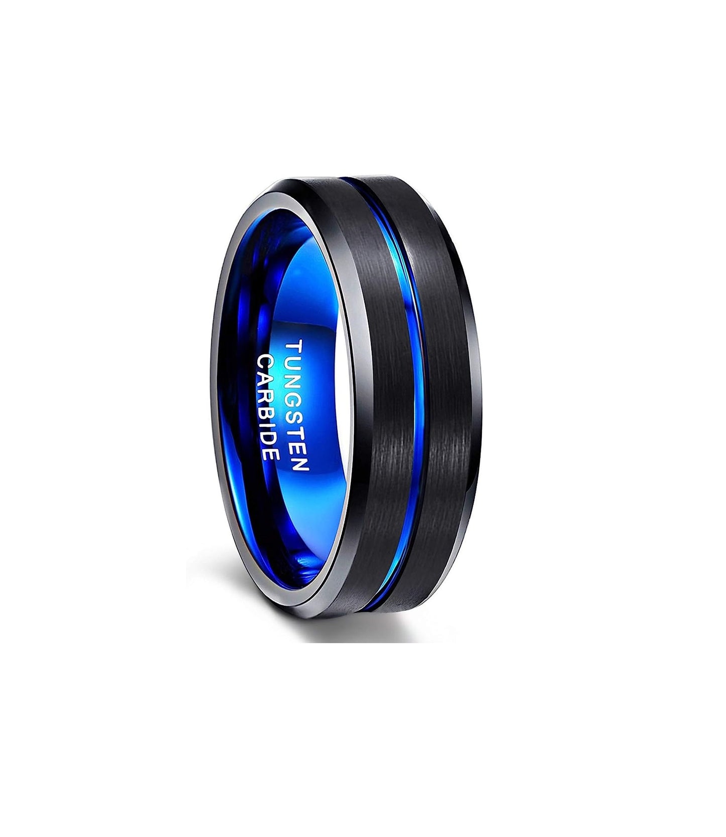 8mm Genuine Tungsten Carbide - Black Brushed Blue Line Center-Band Width 8mm Ring Comfort fit