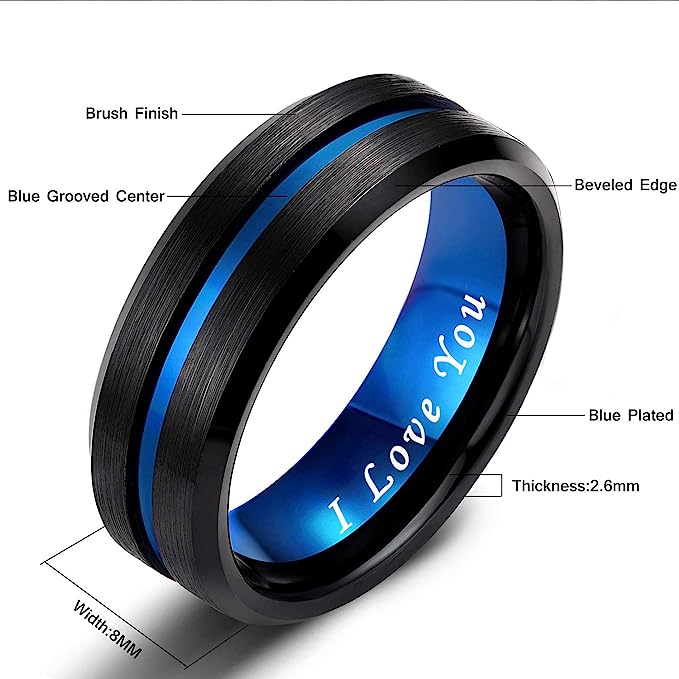 8mm Genuine Tungsten Carbide -"I Love You" Engraved Inside RING"  Black Brushed Blue Line Center-Band Width 8mm Ring Comfort fit