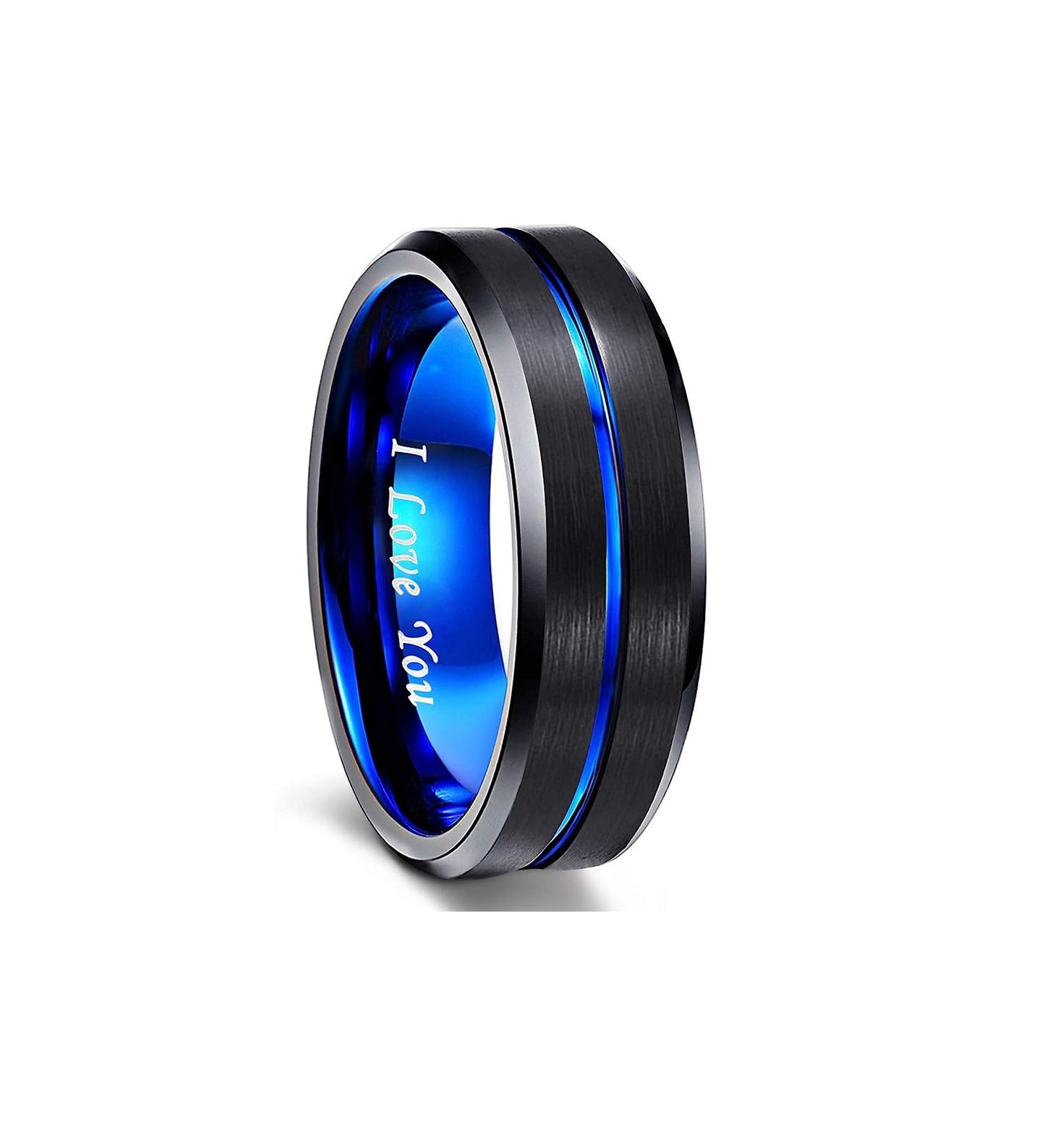 8mm Genuine Tungsten Carbide -"I Love You" Engraved Inside RING"  Black Brushed Blue Line Center-Band Width 8mm Ring Comfort fit