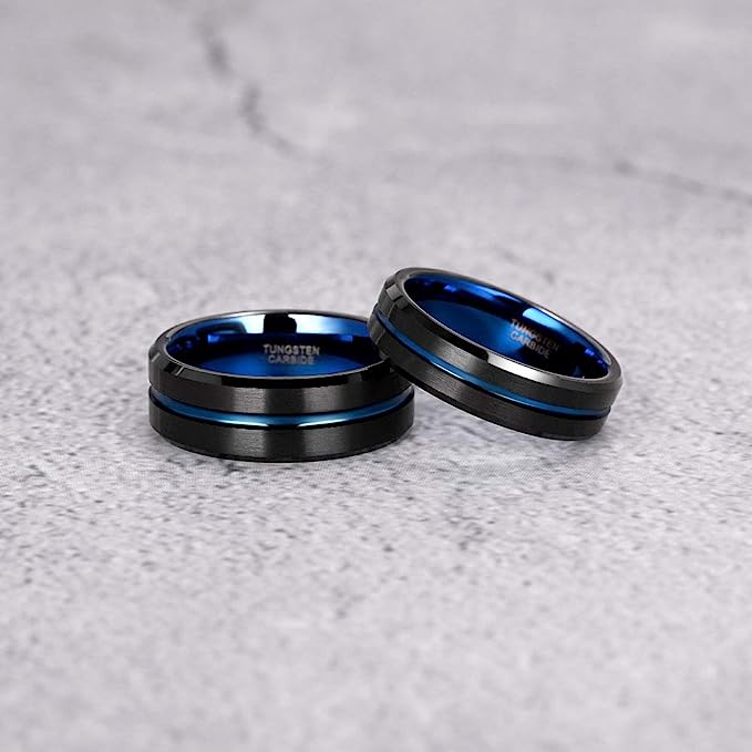 6mm Genuine Tungsten Carbide -"I Love You" Engraved Inside RING"  Black Brushed Blue Line Center -Band Width 6mm Ring Comfort fit