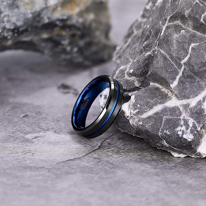 6mm Genuine Tungsten Carbide -"I Love You" Engraved Inside RING"  Black Brushed Blue Line Center -Band Width 6mm Ring Comfort fit