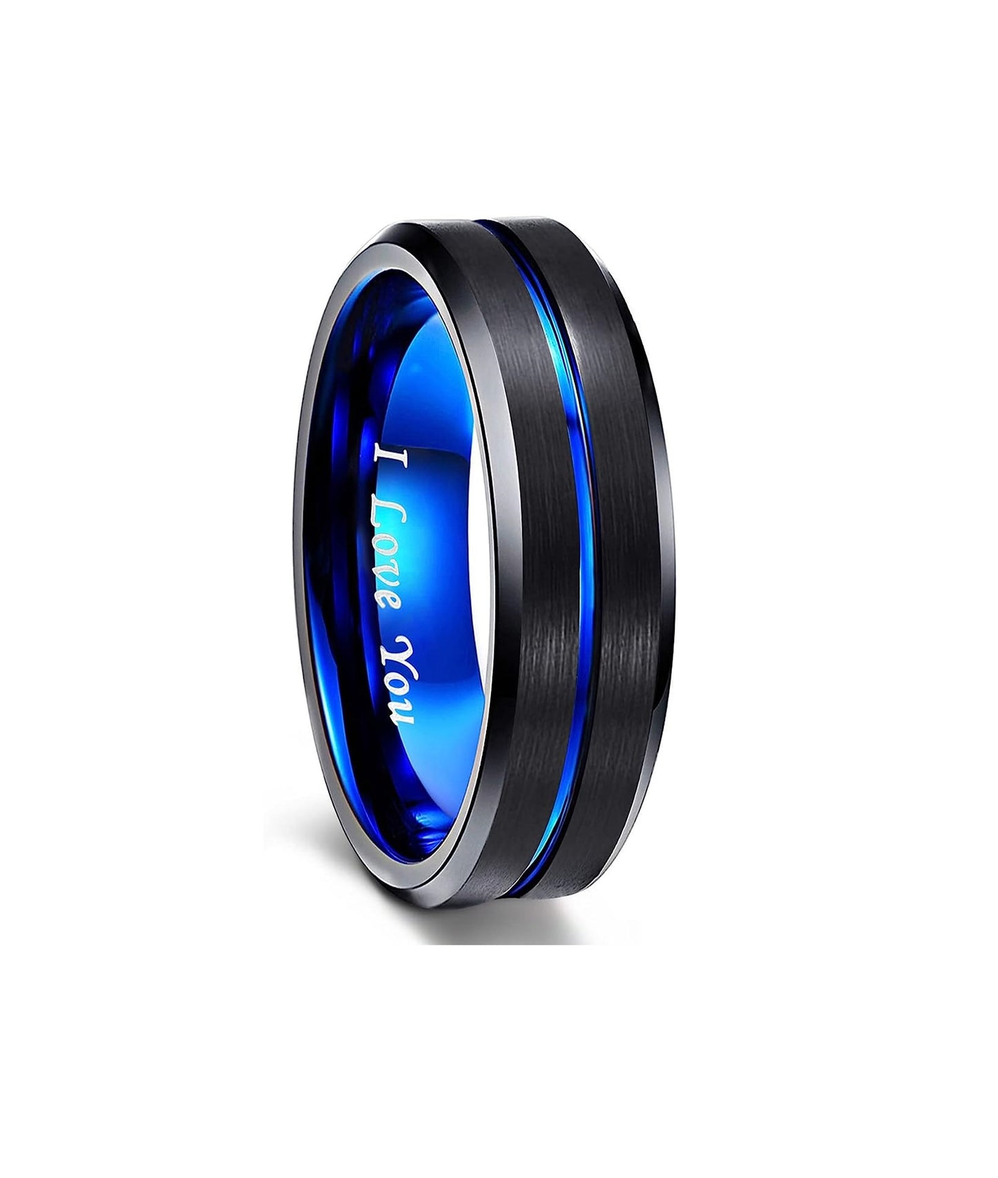 6mm Genuine Tungsten Carbide -"I Love You" Engraved Inside RING"  Black Brushed Blue Line Center -Band Width 6mm Ring Comfort fit