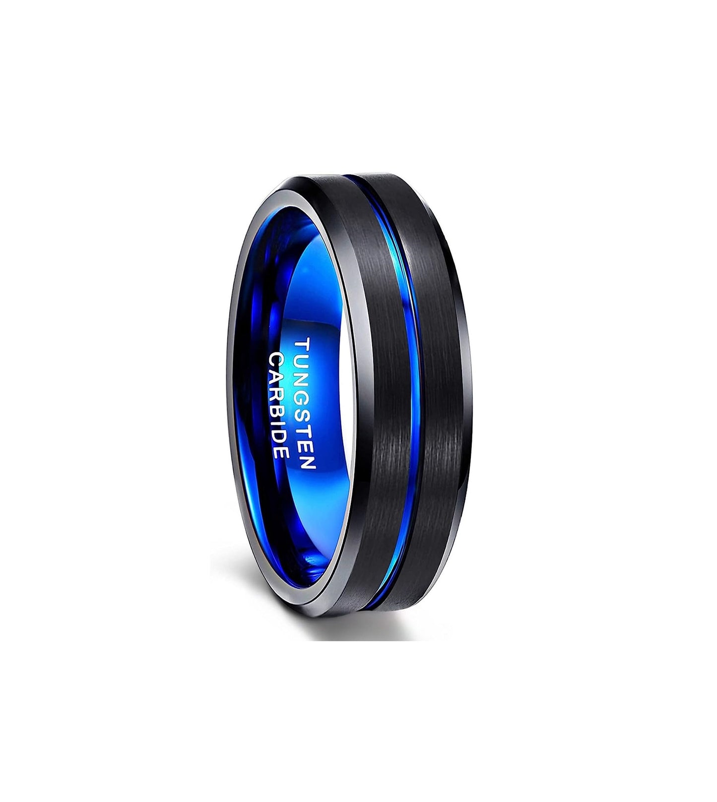 Genuine Tungsten Carbide -Black Brushed Blue Line Center -Band Width 6mm Ring Comfort fit