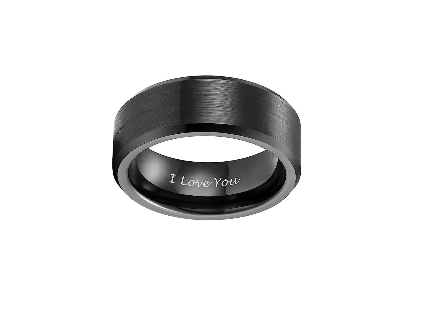 Genuine Tungsten Carbide "I Love You" Engraved Inside RING" -Black Brushed-Band Width 8mm Ring Comfort fit