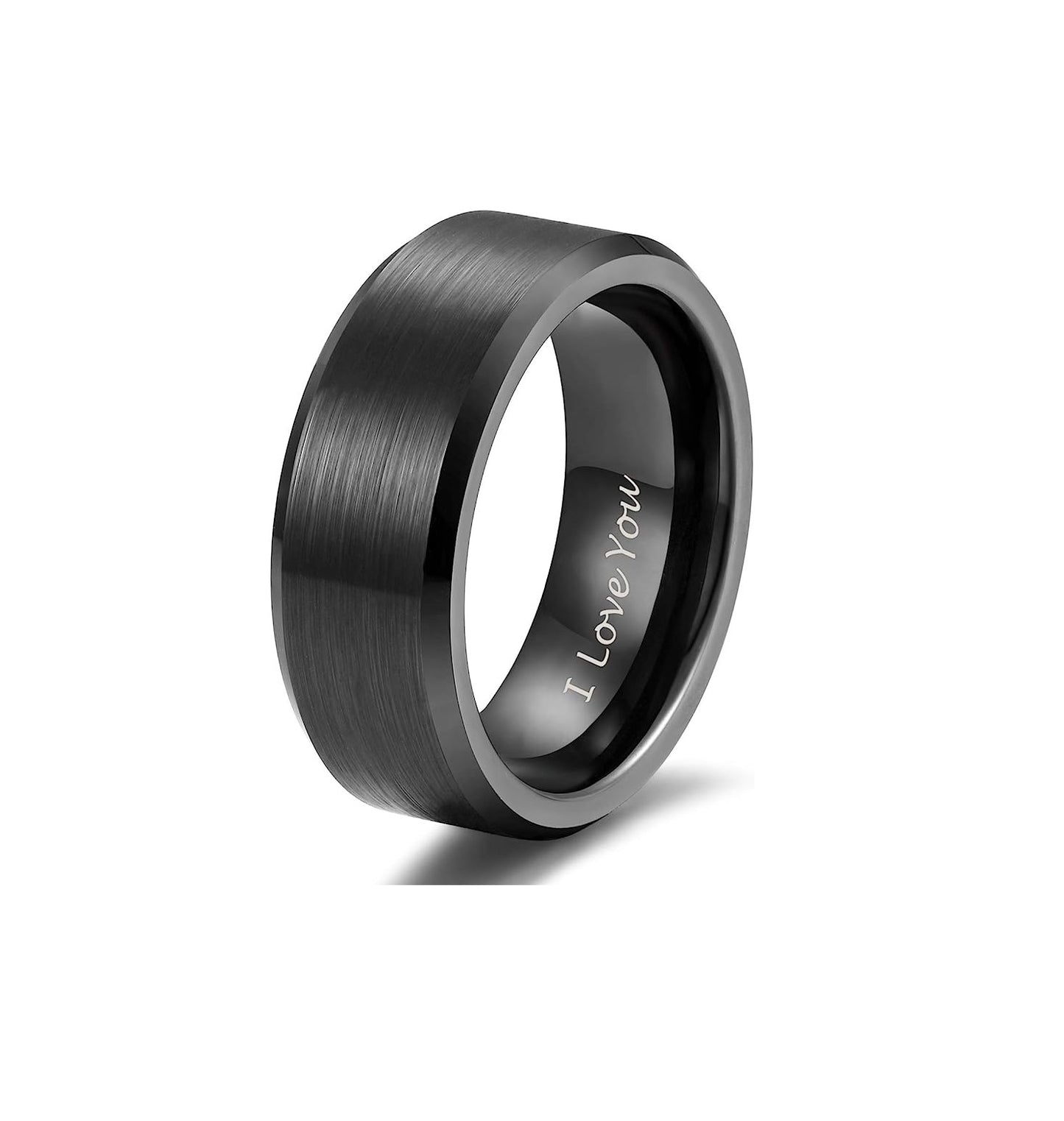 Genuine Tungsten Carbide "I Love You" Engraved Inside RING" -Black Brushed-Band Width 8mm Ring Comfort fit