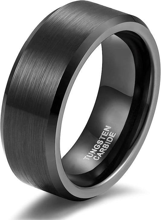 Genuine Tungsten Carbide Ring -Black Brushed-Band Width 8mm Ring Comfort fit