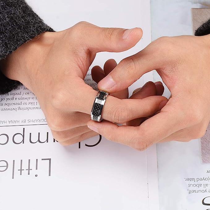 Genuine Carbide Tungsten 8mm ring silver with black carbon fiber inlay, Comfort Fit wedding band Size 6-15