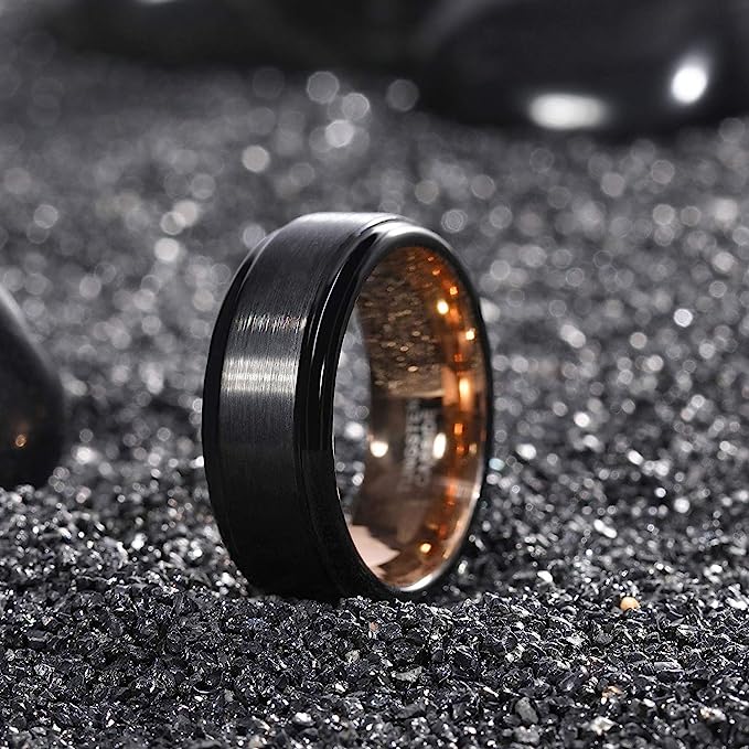 Genuine Carbide Tungsten Color: GOLD/BLACK Brushed 8mm RING Polished Shiny Comfort Fit Wedding Band Size 6-15