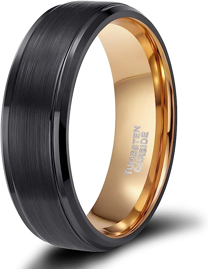 Genuine Carbide Tungsten Color: GOLD/BLACK Brushed 8mm RING Polished Shiny Comfort Fit Wedding Band Size 6-15