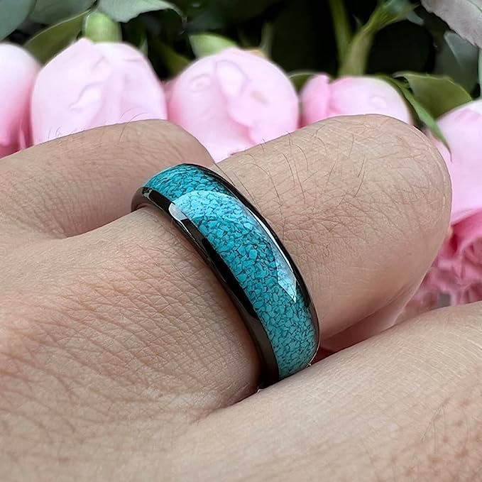 Genuine Carbide Tungsten Color:  BLACK 6mm RING Turquoise Inlay Domed Polished Shiny Comfort Fit Wedding Band Size 6-15