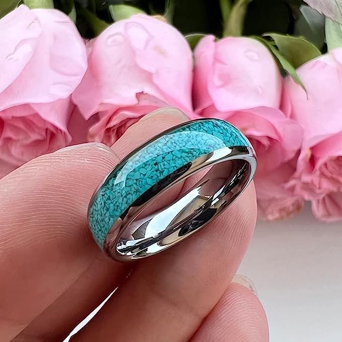 Genuine Carbide Tungsten Color:  SILVER 6mm RING Turquoise Inlay Domed Polished Shiny Comfort Fit Wedding Band Size 6-15