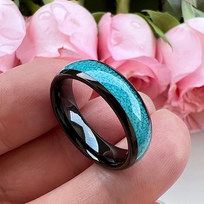 Genuine Carbide Tungsten Color:  BLACK 6mm RING Turquoise Inlay Domed Polished Shiny Comfort Fit Wedding Band Size 6-15