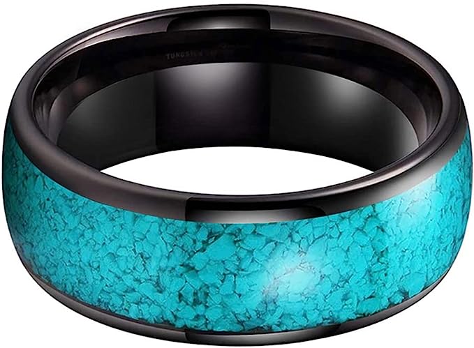 Genuine Carbide Tungsten Color:  BLACK 8mm RING Turquoise Inlay Domed Polished Shiny Comfort Fit Wedding Band Size 6-15
