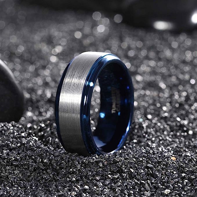 Genuine Carbide Tungsten Color: BLUE/SILVER Brushed 8mm RING Polished Shiny Comfort Fit Wedding Band Size 6-15