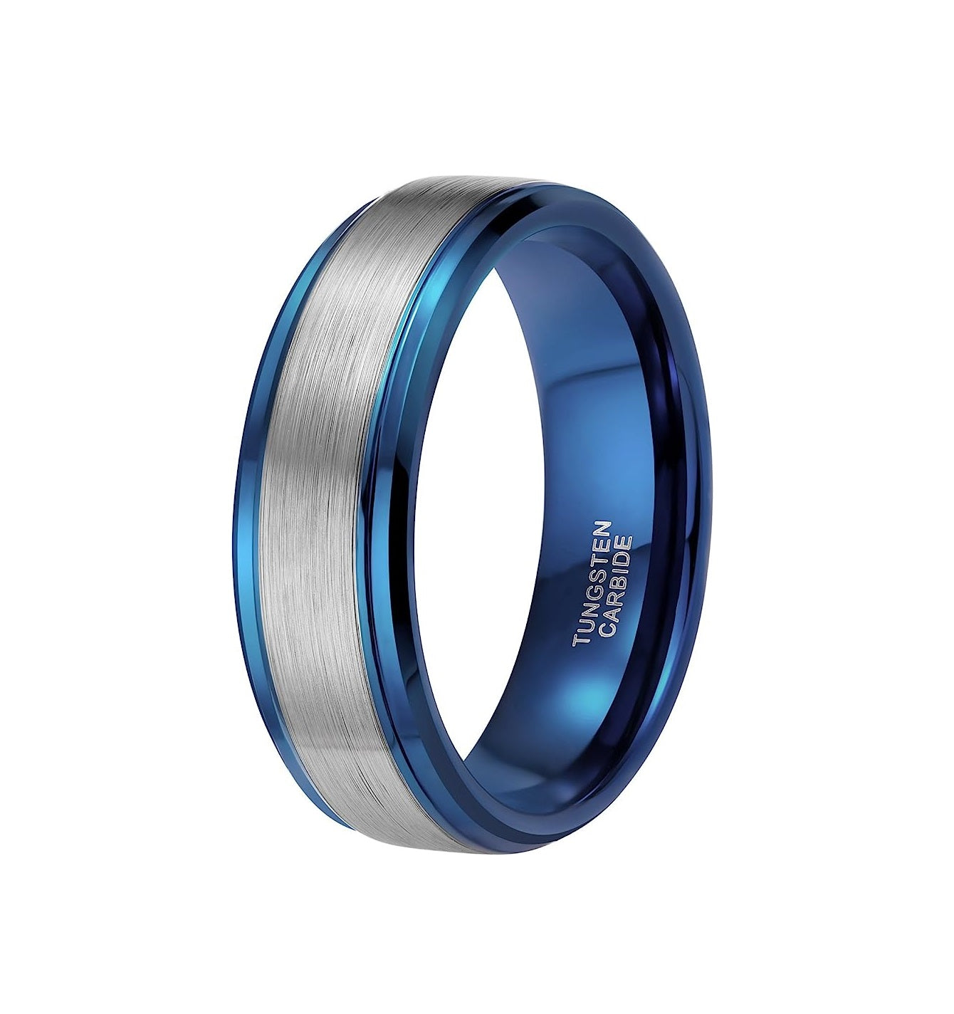 Genuine Carbide Tungsten Color: BLUE/SILVER Brushed 8mm RING Polished Shiny Comfort Fit Wedding Band Size 6-15