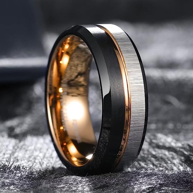 One: Genuine Tungsten Carbide 8mm Silver/Black Gold GROOVE DESIGN: one groove, Two Brushed Finish, Three color design Comfort Fit wedding band Size 6-15