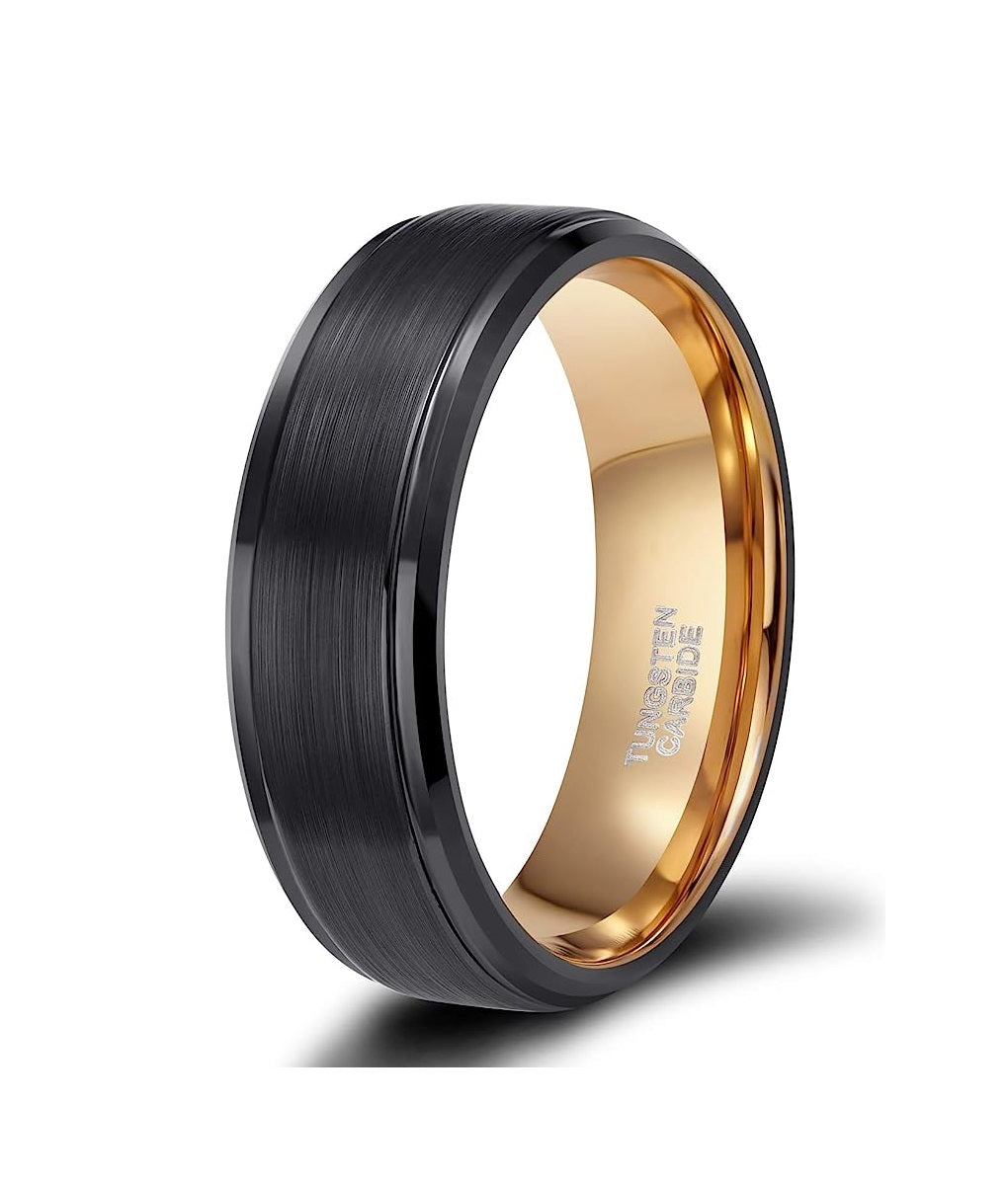 Genuine Carbide Tungsten Color: GOLD/BLACK Brushed 8mm RING Polished Shiny Comfort Fit Wedding Band Size 6-15