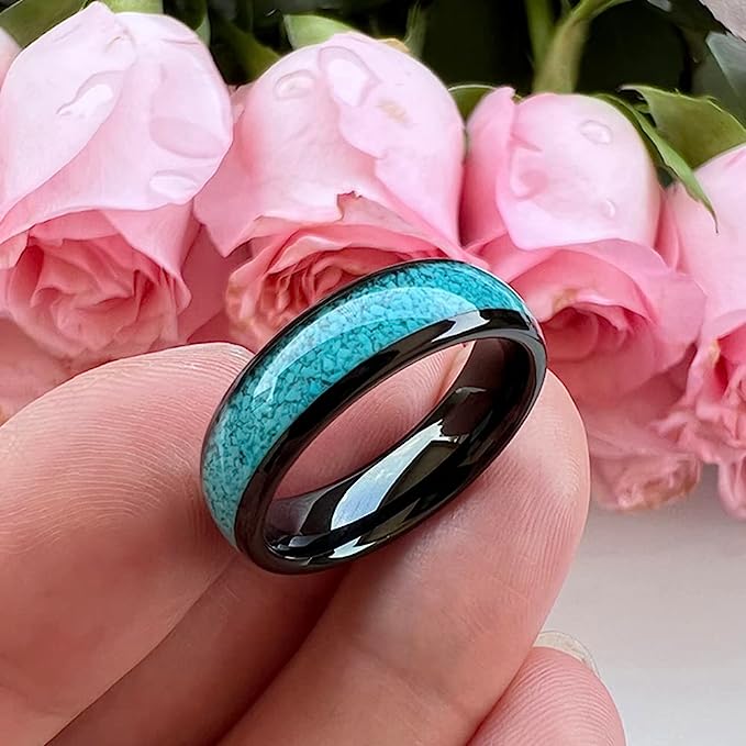 Genuine Carbide Tungsten Color:  BLACK 6mm RING Turquoise Inlay Domed Polished Shiny Comfort Fit Wedding Band Size 6-15