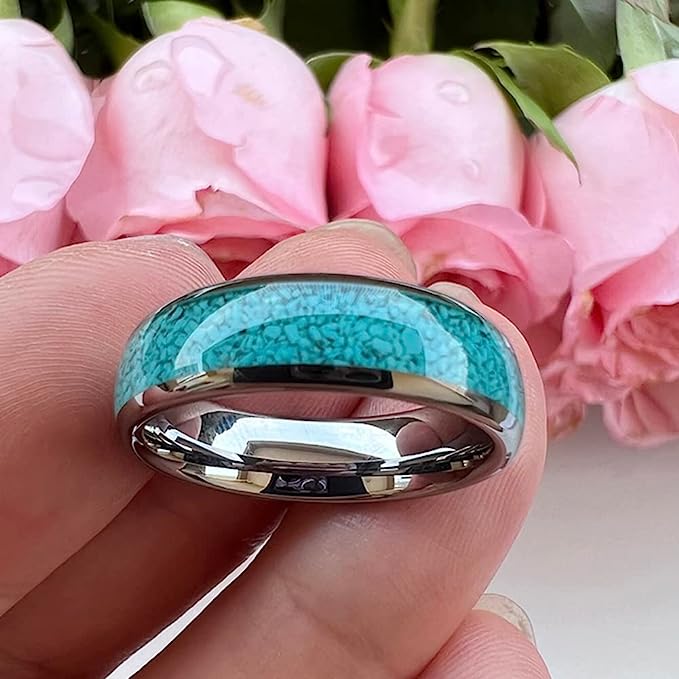 Genuine Carbide Tungsten Color:  SILVER 6mm RING Turquoise Inlay Domed Polished Shiny Comfort Fit Wedding Band Size 6-15