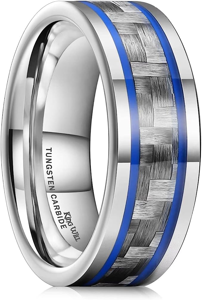 Genuine Tungsten Carbide 8mm silver tungsten ring with black blue carbon fiber inlay, Comfort Fit wedding band Size 6-15