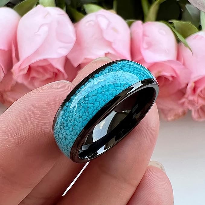 Genuine Carbide Tungsten Color:  BLACK 8mm RING Turquoise Inlay Domed Polished Shiny Comfort Fit Wedding Band Size 6-15