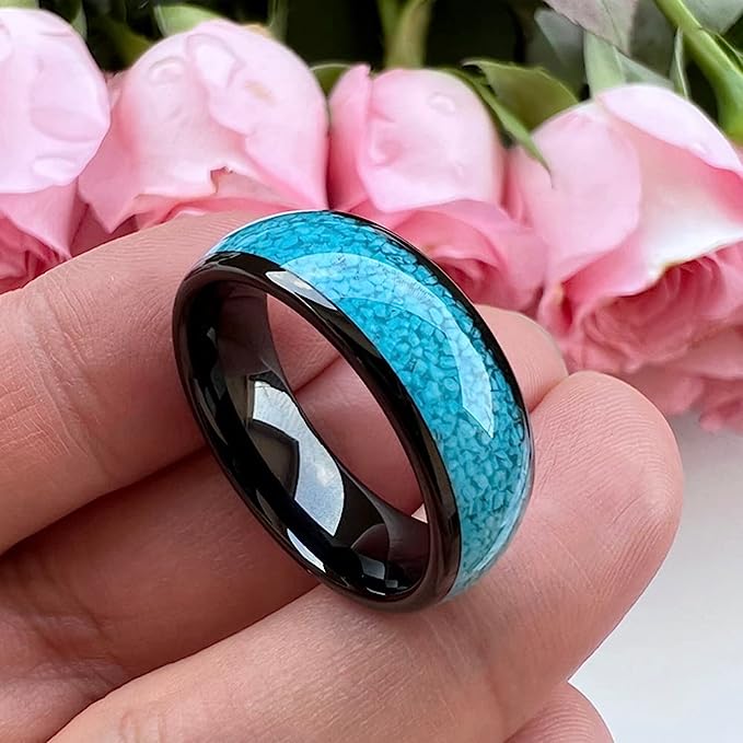 Genuine Carbide Tungsten Color:  BLACK 8mm RING Turquoise Inlay Domed Polished Shiny Comfort Fit Wedding Band Size 6-15
