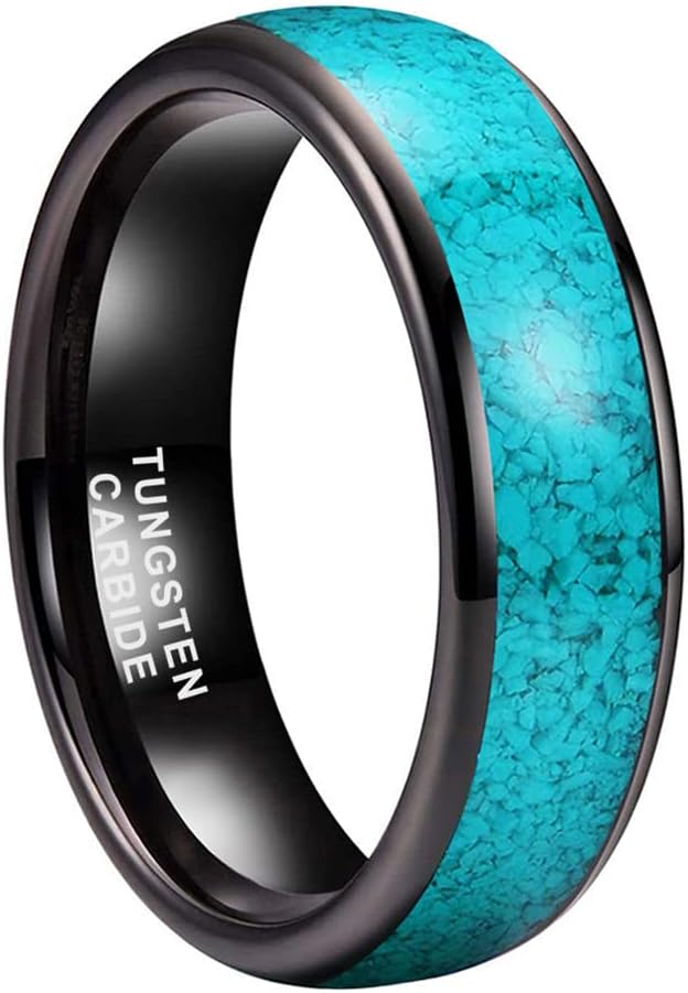 Genuine Carbide Tungsten Color:  BLACK 6mm RING Turquoise Inlay Domed Polished Shiny Comfort Fit Wedding Band Size 6-15