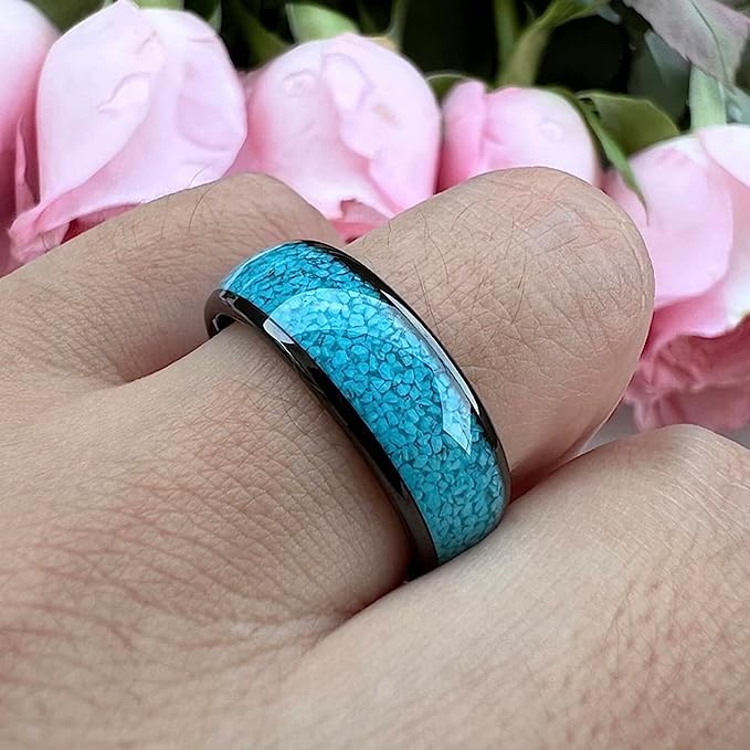 Genuine Carbide Tungsten Color:  BLACK 8mm RING Turquoise Inlay Domed Polished Shiny Comfort Fit Wedding Band Size 6-15