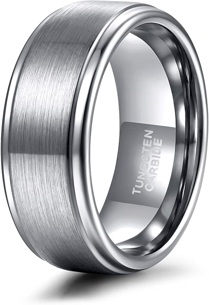 Genuine Carbide Tungsten Color: SILVER Brushed 8mm RING Polished Shiny Comfort Fit Wedding Band Size 6-15