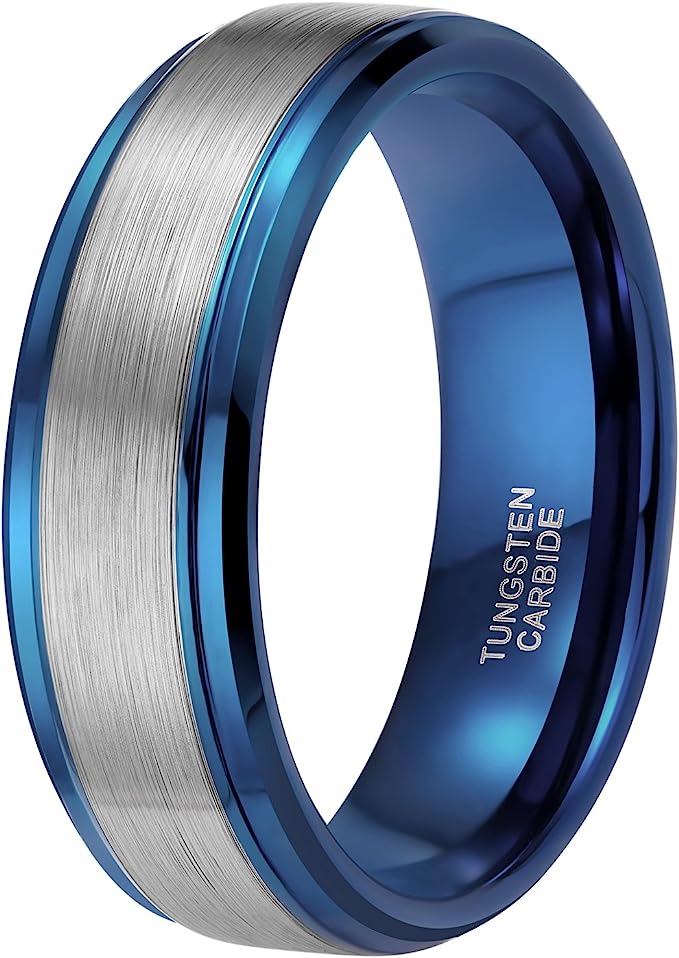 Genuine Carbide Tungsten Color: BLUE/SILVER Brushed 8mm RING Polished Shiny Comfort Fit Wedding Band Size 6-15